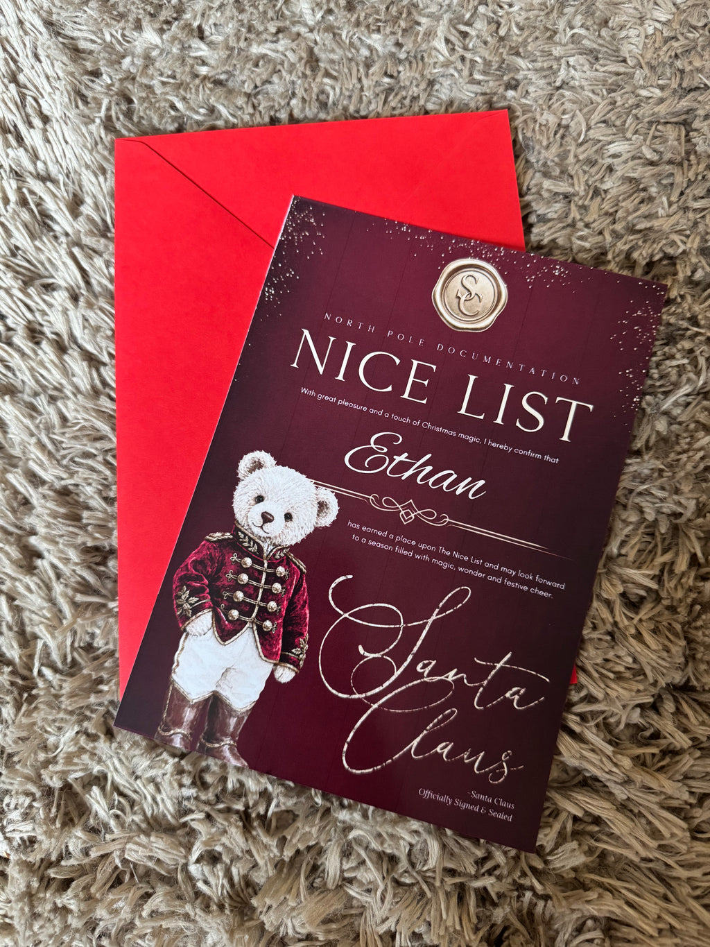 Personalised Christmas Teddy Bear Nice List Letter