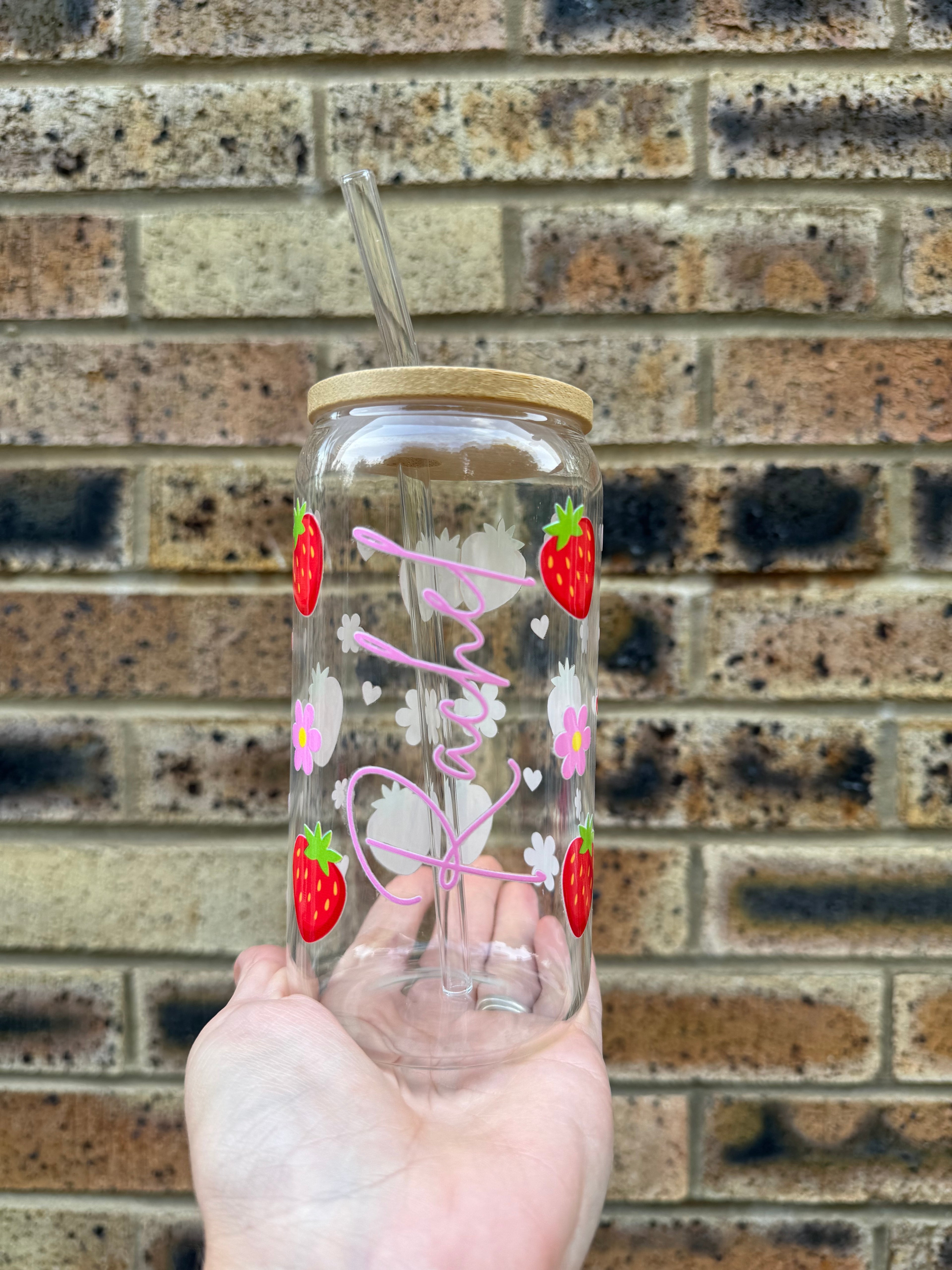 Strawberries and Name Libby Glass Cup with Lid & Straw