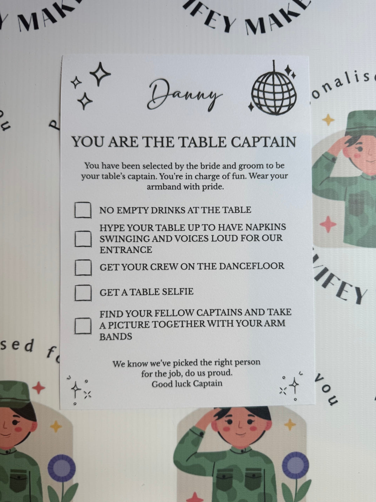 Personalised Table Captain Card For Weddings Various Designs